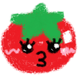 a drawing of a tomato with a green leaf on it and the number 3 on its face .
