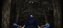 a cartoon character is holding a sword and a sword is being thrown at him