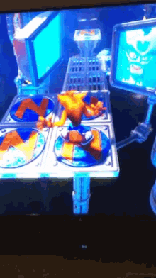 crash bandicoot is playing a video game on a television screen