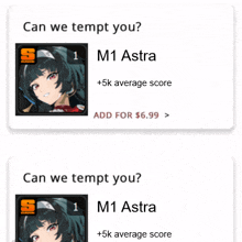 a screenshot of a game that says can we tempt you m1 astra
