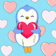a penguin is holding a heart surrounded by hearts on a blue background