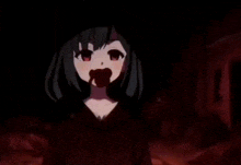 a girl with black hair and red eyes has blood dripping from her mouth .