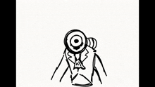 a black and white drawing of a person with a circle in front of their face