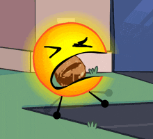 a cartoon drawing of a yellow ball with a face and a rock in it 's mouth