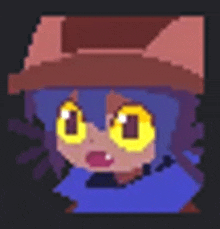 a pixel art drawing of a girl with blue hair and yellow eyes wearing a hat .