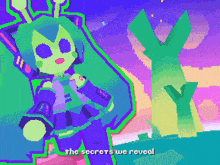 a pixel art of a girl with the words " the secrets we reveal " above her