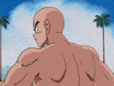 a bald man stands in front of palm trees