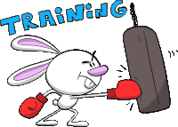 a cartoon rabbit wearing red boxing gloves punching a punching bag