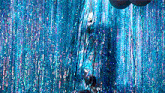 a person standing in front of a blue curtain with tinsel hanging from it .