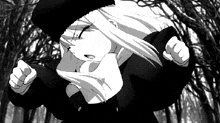 a black and white photo of a girl in a hat dancing in the woods