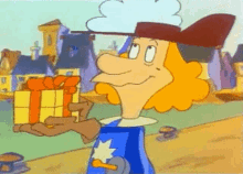 a cartoon character is holding a gift box