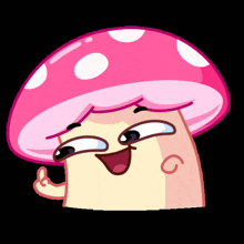 a cartoon mushroom with a pink hat and white polka dots is smiling and giving a thumbs up