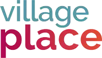 a logo that says village place in blue and red letters