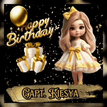 a doll in a yellow dress is on a birthday card with gifts and balloons .