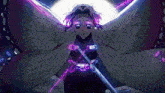 a girl in a butterfly costume is holding a sword in her hands