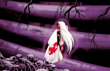 a cartoon character with long white hair and a red and white kimono is walking through a pile of skulls