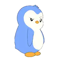 a blue and white penguin with its eyes closed standing on a white background