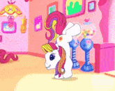 a cartoon pony is standing in front of a gumball machine in a room