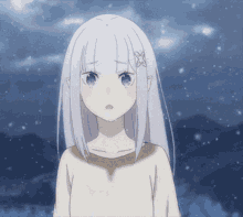 a girl with white hair and purple eyes looks sad