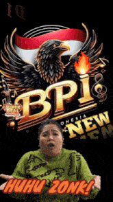 a woman is making a funny face in front of an ad for bpi