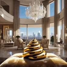 a picture of a living room with a chandelier and a gold poop on the ottoman