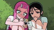 a cartoon of two girls looking at their cell phones