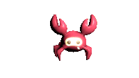 a red crab with a white face and a ring in its mouth