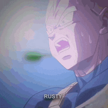 a close up of a person 's face with the word rusty written below it