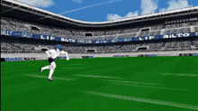 a cartoon of a soccer player running on a field with billboards for bilto in the background