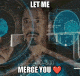 a man with a mustache is looking at a screen and says let me merge you
