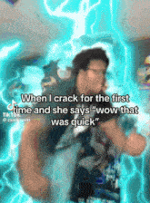 a man is standing in front of a blue lightning bolt and says " wow that was quick "