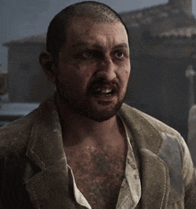 a man with a shaved head and a beard is wearing a brown jacket