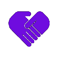 a purple icon of two hands in the shape of a heart on a white background