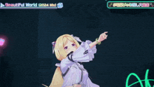 a girl in a white dress is dancing in front of a beautiful world sign