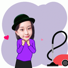 a cartoon of a girl wearing a hat and a purple shirt
