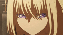 a blonde anime girl with purple eyes looks at the camera