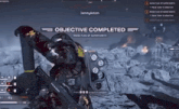 a video game screen shows an objective completed