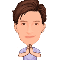 a cartoon of a man in a purple shirt with his hands folded
