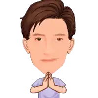 a cartoon of a man in a purple shirt with his hands folded