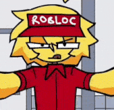 a cartoon character wearing a red shirt and a red hat with robloc written on it