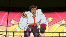 a cartoon character with a white shirt and purple gloves with xxx on the sleeves