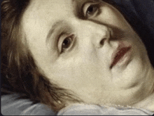 a close up of a painting of a woman laying on a bed
