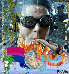a man wearing goggles is smoking a cigarette with a picture of a cat and a picture of a pink shirt