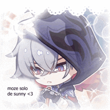 a drawing of a boy with a hood and the words moze solo de sunny < 3