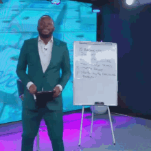 a man in a green suit is standing in front of a white board that says 15 reasons why partnership