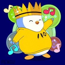 a penguin wearing a yellow hoodie and a gold crown is surrounded by music notes