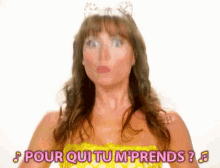 a woman wearing a yellow dress and a tiara is making a surprised face .