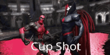 two superheros are standing next to each other with the words cup shot below them