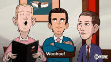 a cartoon of three men sitting at a table with the word woohoo on the bottom