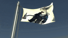 a white flag with a picture of a shark in a suit and tie